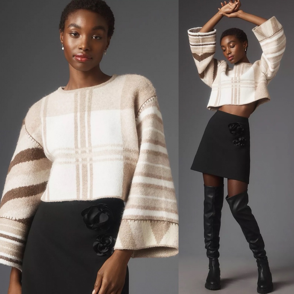 Anthropologie Cream & Brown Plaid Cropped Sweater